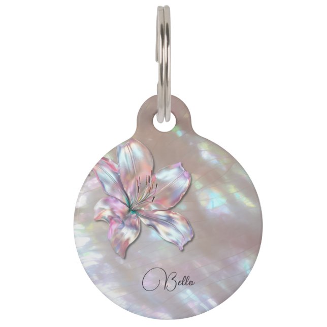Pink Shiny Metallic 3D Flower Personalise Pet Tag (Front)