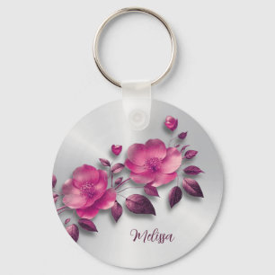 Pink Shiny Metallic Flower Silver Key Ring