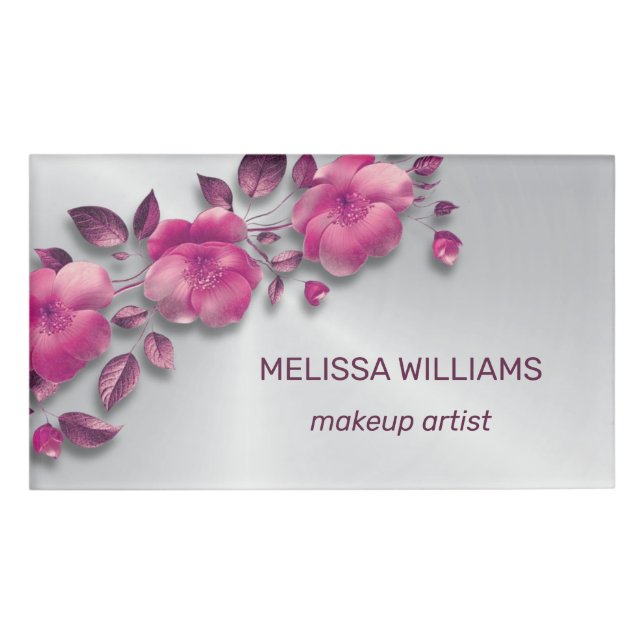Pink Shiny Metallic Flower Silver Name Tag (Front)