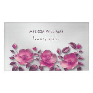 Pink Shiny Metallic Flower Silver Name Tag
