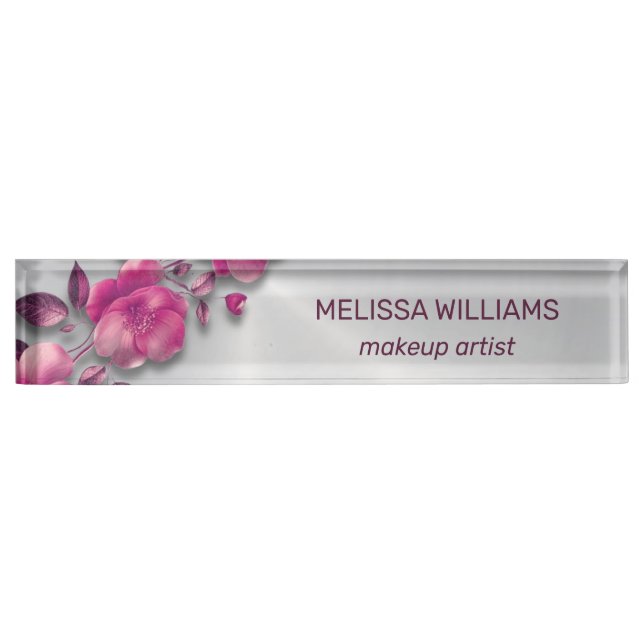 Pink Shiny Metallic Flower Silver Nameplate (Front)
