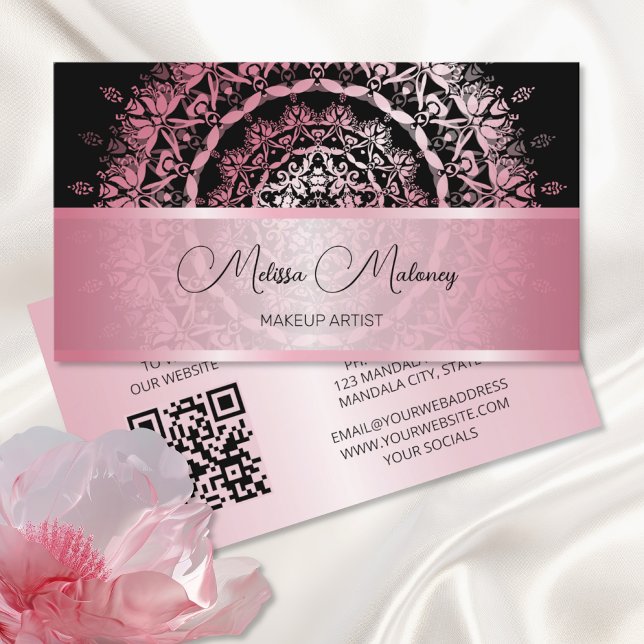 Pink Shiny Metallic Mandala Black Business Card (Creator Uploaded)