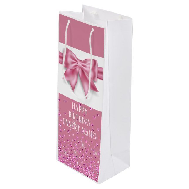 Pink shiny ribbon bow satin look girly glam wine gift bag (Front Angled)