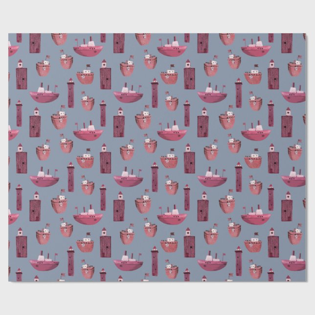 Pink Ships & Wooden Lighthouses Dusty Blue Wrapping Paper (Flat)