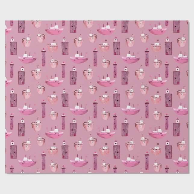 Pink Ships & Wooden Lighthouses Dusty Rose Wrapping Paper (Flat)