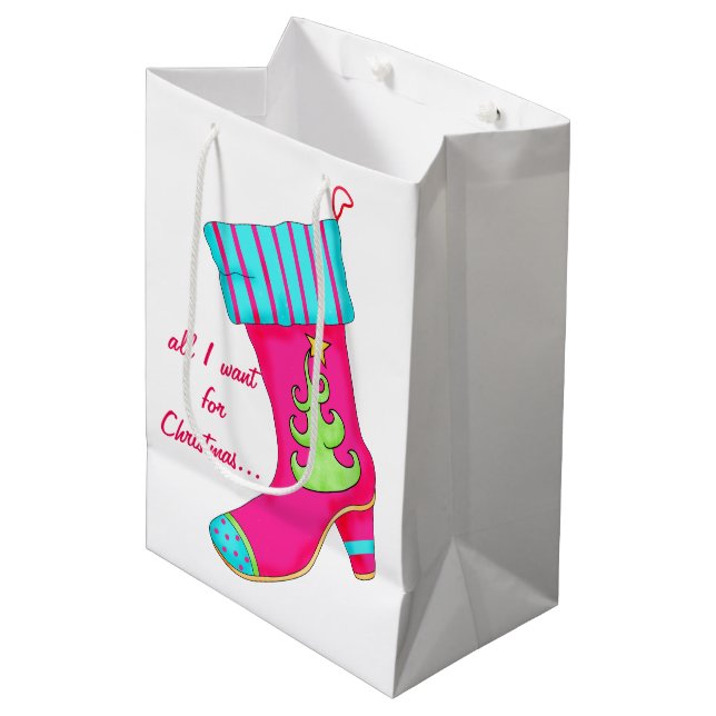 Pink Shoe Lover All I Want for Christmas Stocking Medium Gift Bag (Front Angled)