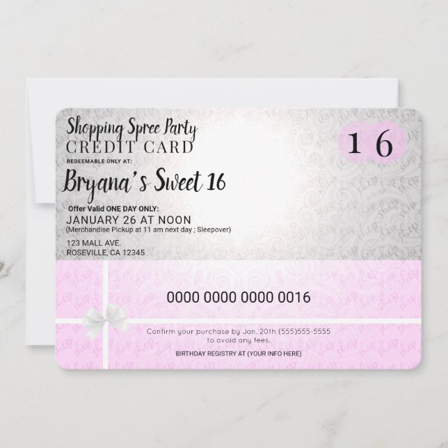 Pink Shopping Spree Credit Card Sweet 16 Party (Front)
