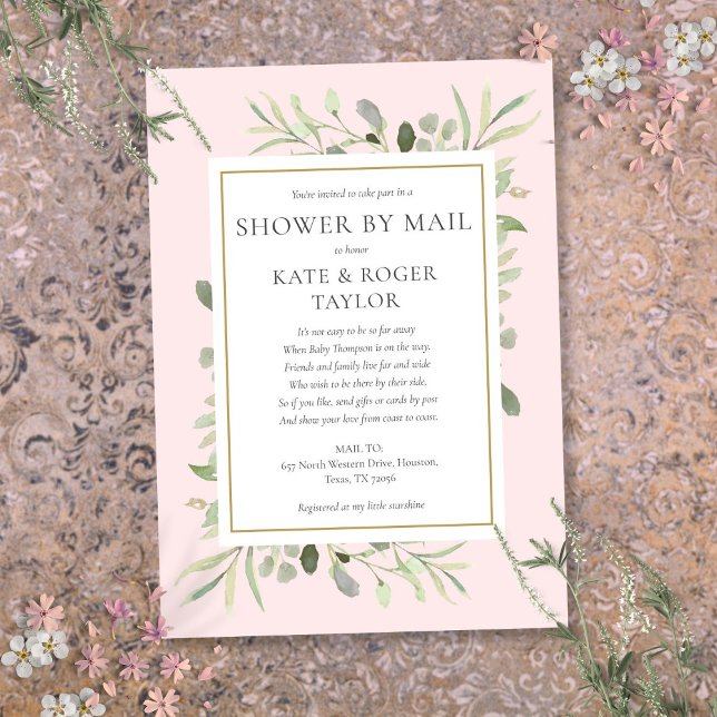 Pink Shower By Mail Long Distance Greenery Leaves  Invitation (Pink Shower By Mail Long Distance Greenery Leaves Invitation)