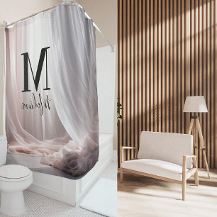 Pink Silk Backdrop Black Monogram Modern Script Shower Curtain