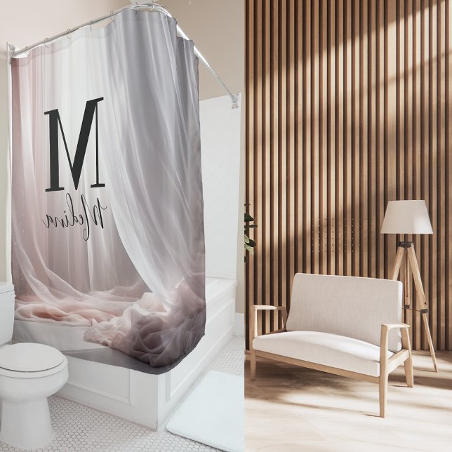 Pink Silk Backdrop Black Monogram Modern Script Shower Curtain (Creator Uploaded)
