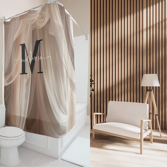 Pink Silk Black Monogram Modern Script Wedding Shower Curtain (Creator Uploaded)