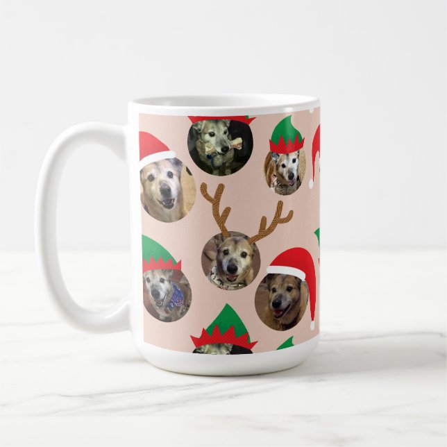 Pink Silly Christmas Hat Dog Photo Collage Coffee Mug (Left)