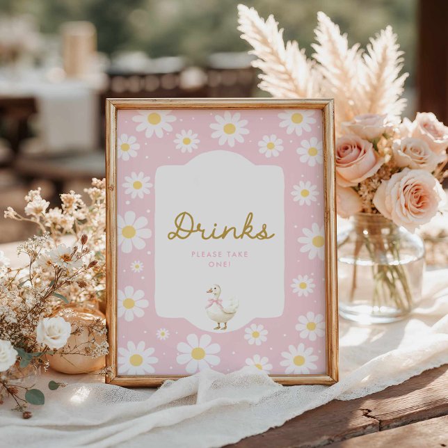 Pink Silly Goose and Daisy Drink Bar Sign (Pink Silly Goose Girl Baby Shower Drinks sign)