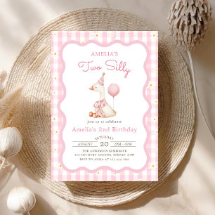 Pink Silly Goose Daisy Gingham 2nd Birthday Invitation