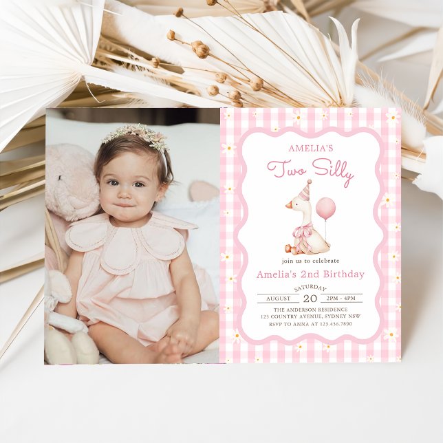 Pink Silly Goose Daisy Gingham 2nd Birthday Photo Invitation (Creator Uploaded)