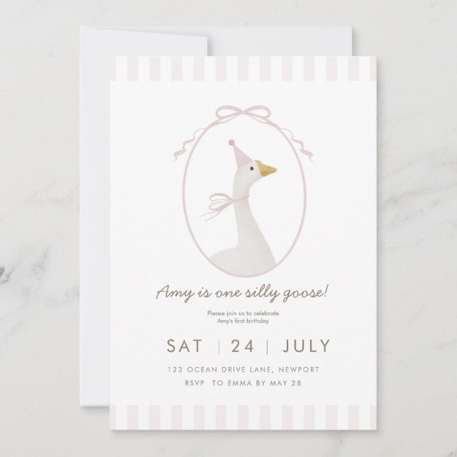 Pink Silly Goose First Birthday Invitation (Front)
