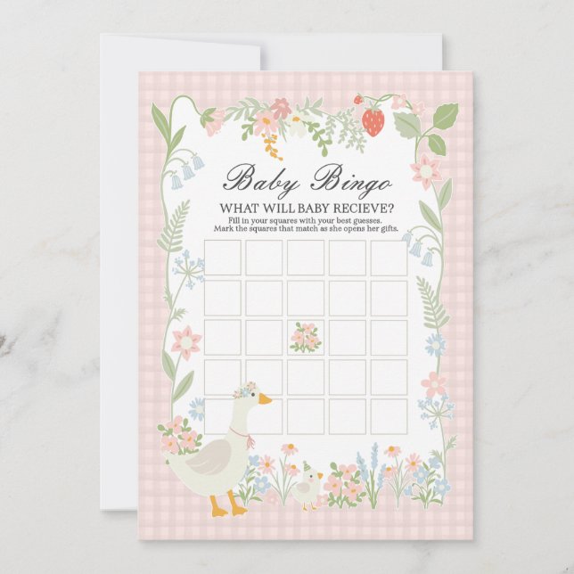 Pink Silly Goose Floral Gingham Baby Bingo Game Invitation (Front)