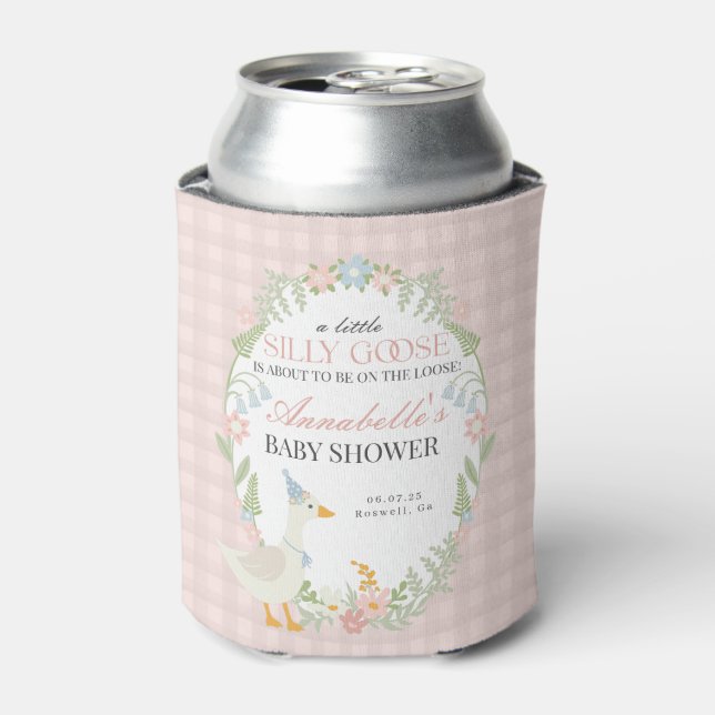 Pink Silly Goose Floral Gingham Baby Shower Favour Can Cooler (Can Front)