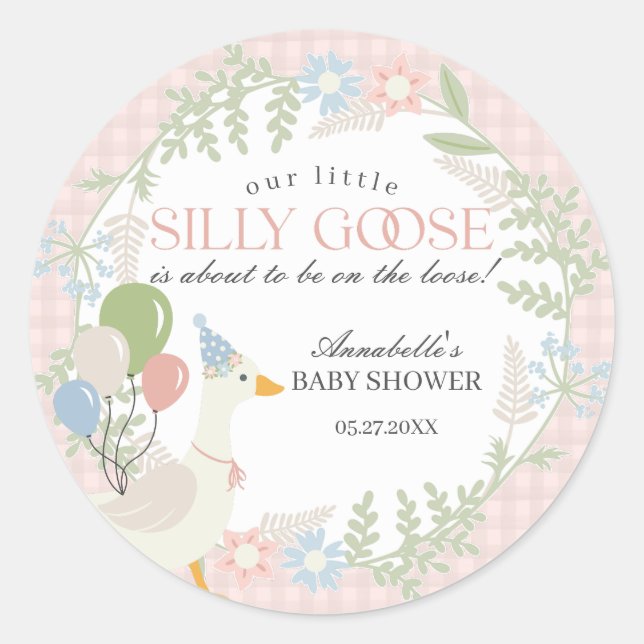 Pink Silly Goose Floral Gingham Baby Shower Favour Classic Round Sticker (Front)