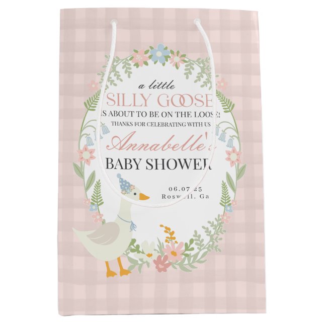 Pink Silly Goose Floral Gingham Baby Shower Favour Medium Gift Bag (Front)