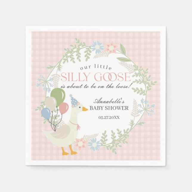 Pink Silly Goose Floral Gingham Baby Shower Napkin (Front)