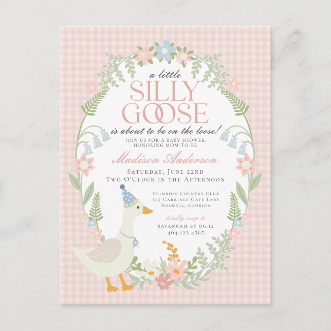 Pink Silly Goose Floral Gingham Baby Shower Postcard (Front)