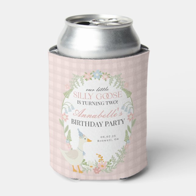 Pink Silly Goose Floral Gingham Birthday Favour Can Cooler (Can Front)