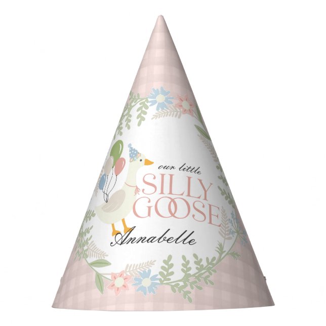 Pink Silly Goose Floral Gingham Birthday Favour Party Hat (Front)