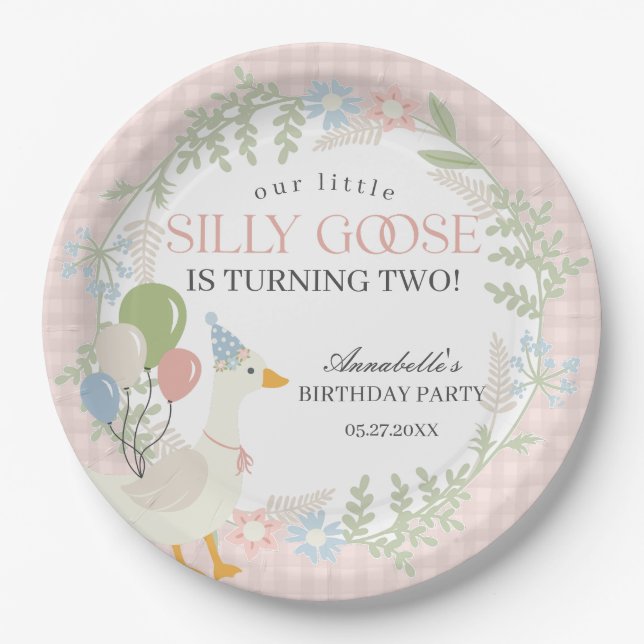 Pink Silly Goose Floral Gingham Birthday Paper Plate (Front)