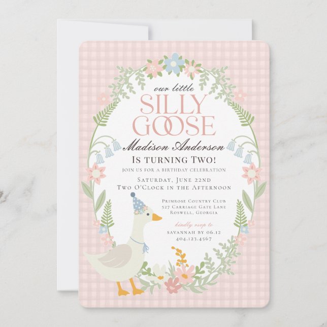 Pink Silly Goose Floral Gingham Birthday Party Invitation (Front)