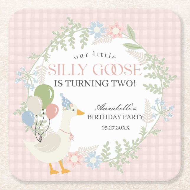 Pink Silly Goose Floral Gingham Birthday Square Paper Coaster (Front)