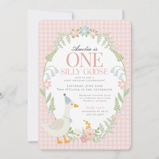 Pink Silly Goose Floral Gingham First Birthday Invitation (Front)