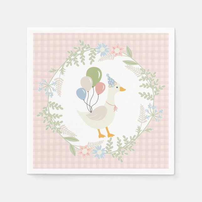 Pink Silly Goose Floral Gingham Paper Napkin (Front)