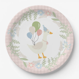 Pink Silly Goose Floral Gingham Paper Paper Plate
