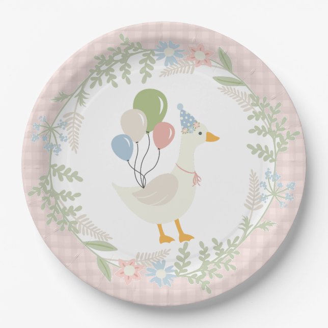 Pink Silly Goose Floral Gingham Paper Paper Plate (Front)