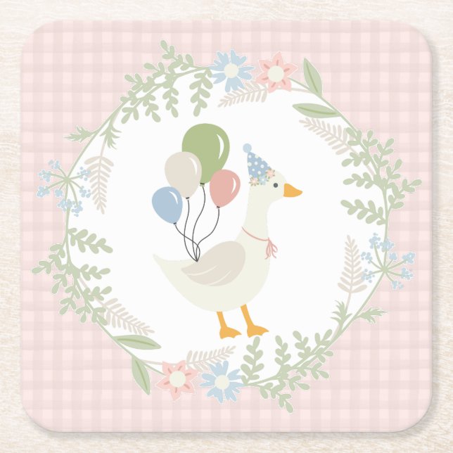 Pink Silly Goose Floral Gingham Paper Square Paper Coaster (Front)