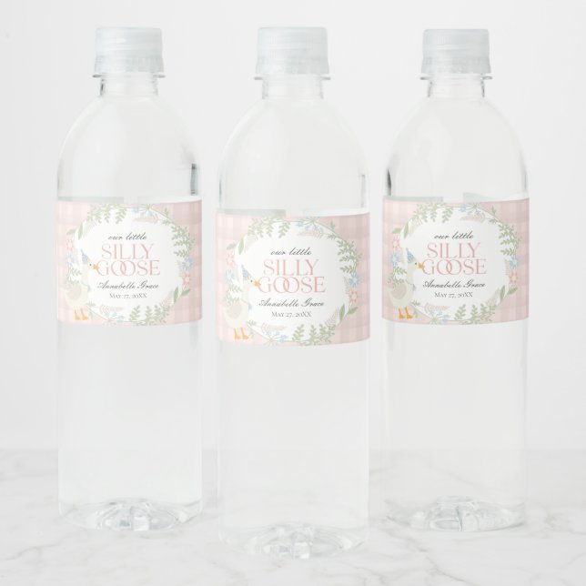 Pink Silly Goose Floral Gingham Water Bottle Label (Bottles)