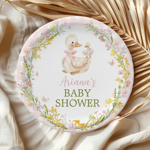 Pink Silly Goose Floral Girl Baby Shower Paper Plate