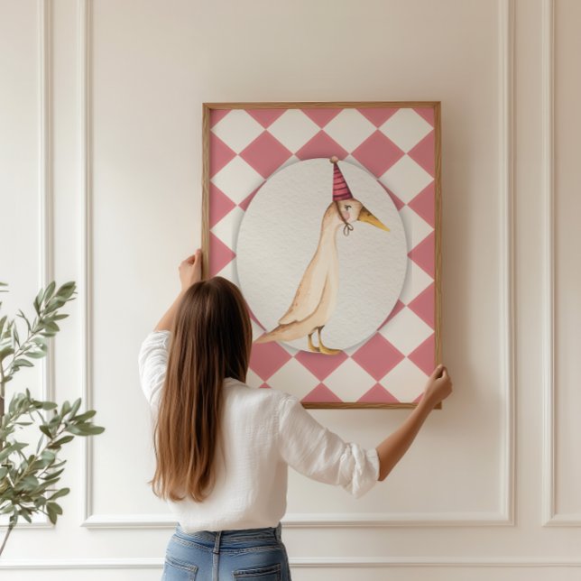 Pink Silly Goose Nursery Wall Art Print (Coquette-inspired pink nursery with a framed silly goose art print on a beige harlequin background)