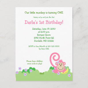 Pink Silly Monkey Jungle 4x5 Girl Birthday Invitation