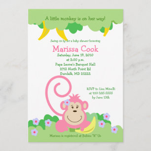 Pink Silly Monkey Jungle Girl Baby Shower 5x7 Invitation
