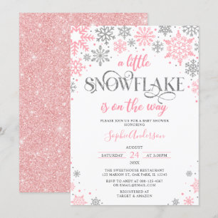  Pink Silver A Little Snowflake Winter Baby Shower Invitation