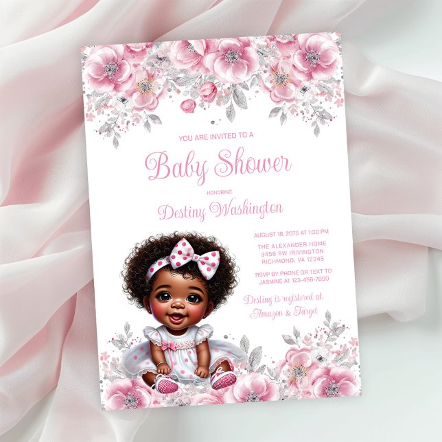 Pink Silver Afro Girl Baby Shower  Invitation (Simply add your event details!)