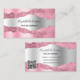 Pink silver agate marble QR code  Business Card