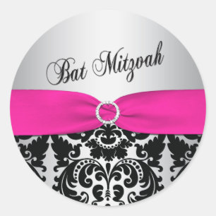Pink, Silver, and Black Damask Bat Mitzvah Sticker