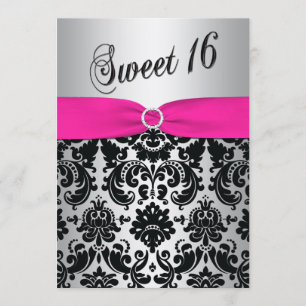 Pink, Silver, and Black Damask Sweet 16 Invitation