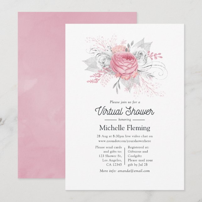 Pink, Silver and White Floral Virtual Shower Invitation (Front/Back)