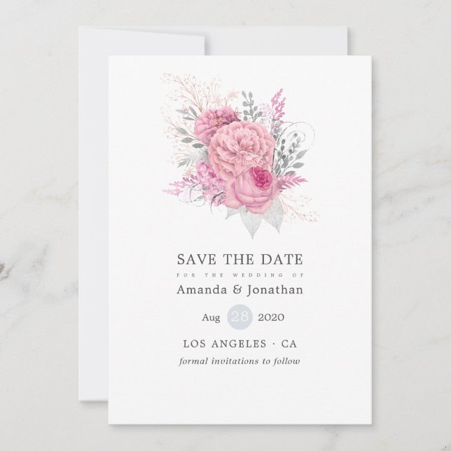 Pink Silver and White Floral Wedding Save the Date (Front)