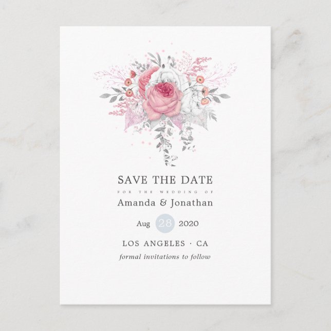 Pink Silver and White Floral Wedding Save the Date Announcement Postcard (Front)