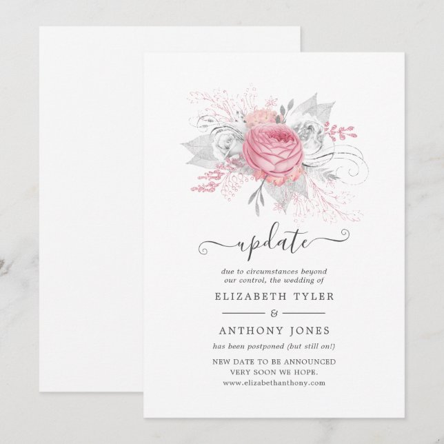 Pink, Silver and White Floral Wedding Update Invitation (Front/Back)